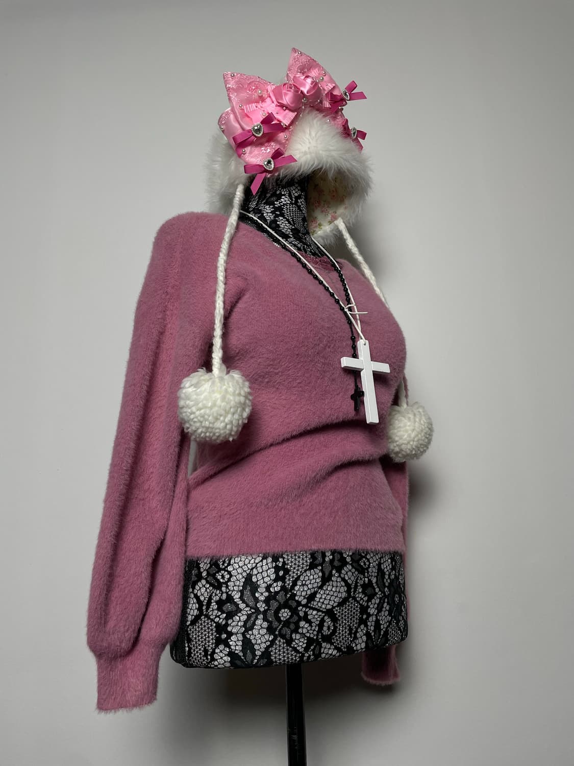 JPN 레이스 체인 자주색 핑크 퍼 니트 상품이미지2