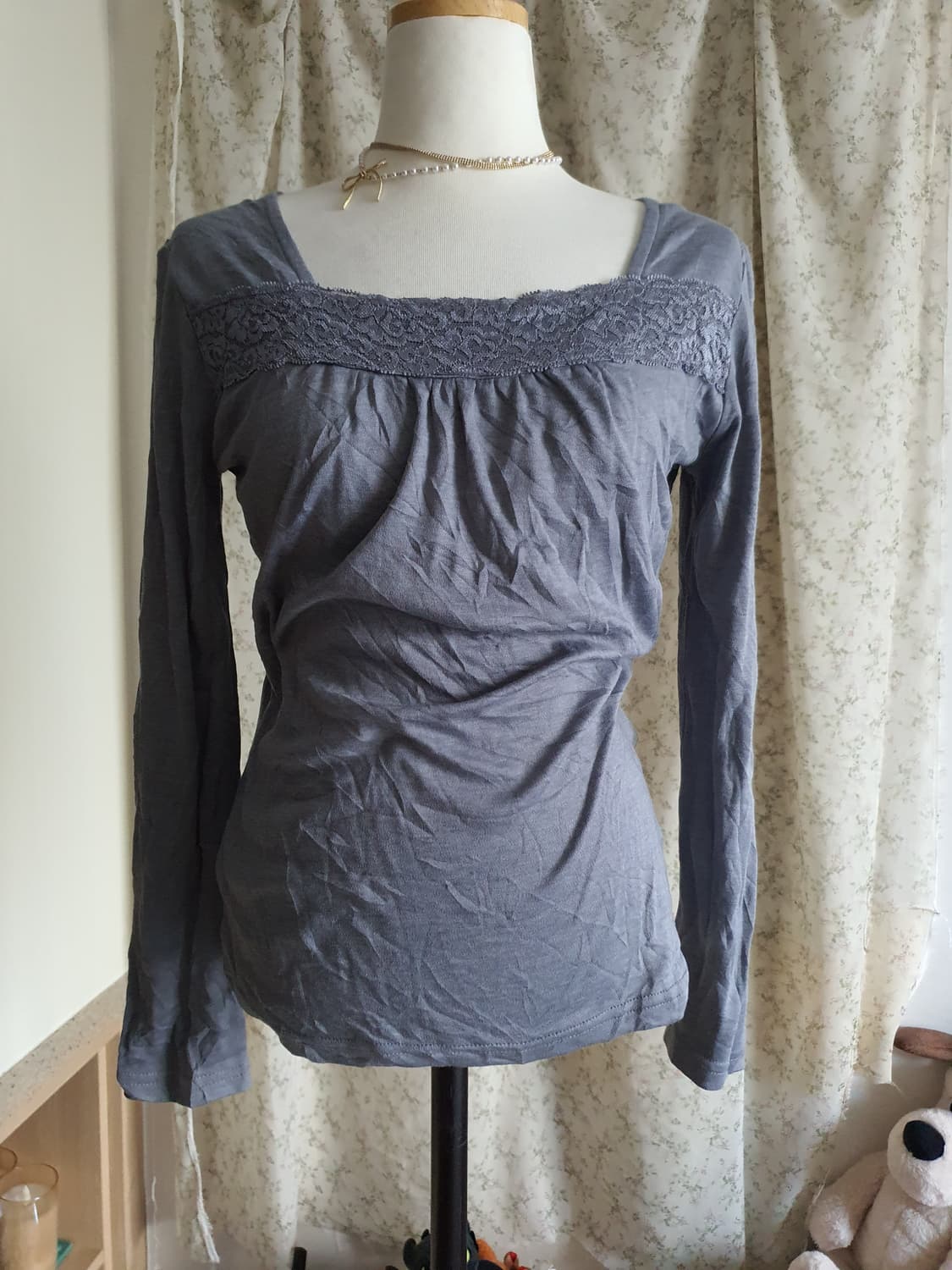 [모리걸] 레이스 포인트 스퀘어넥 긴팔 티셔츠 상품이미지1