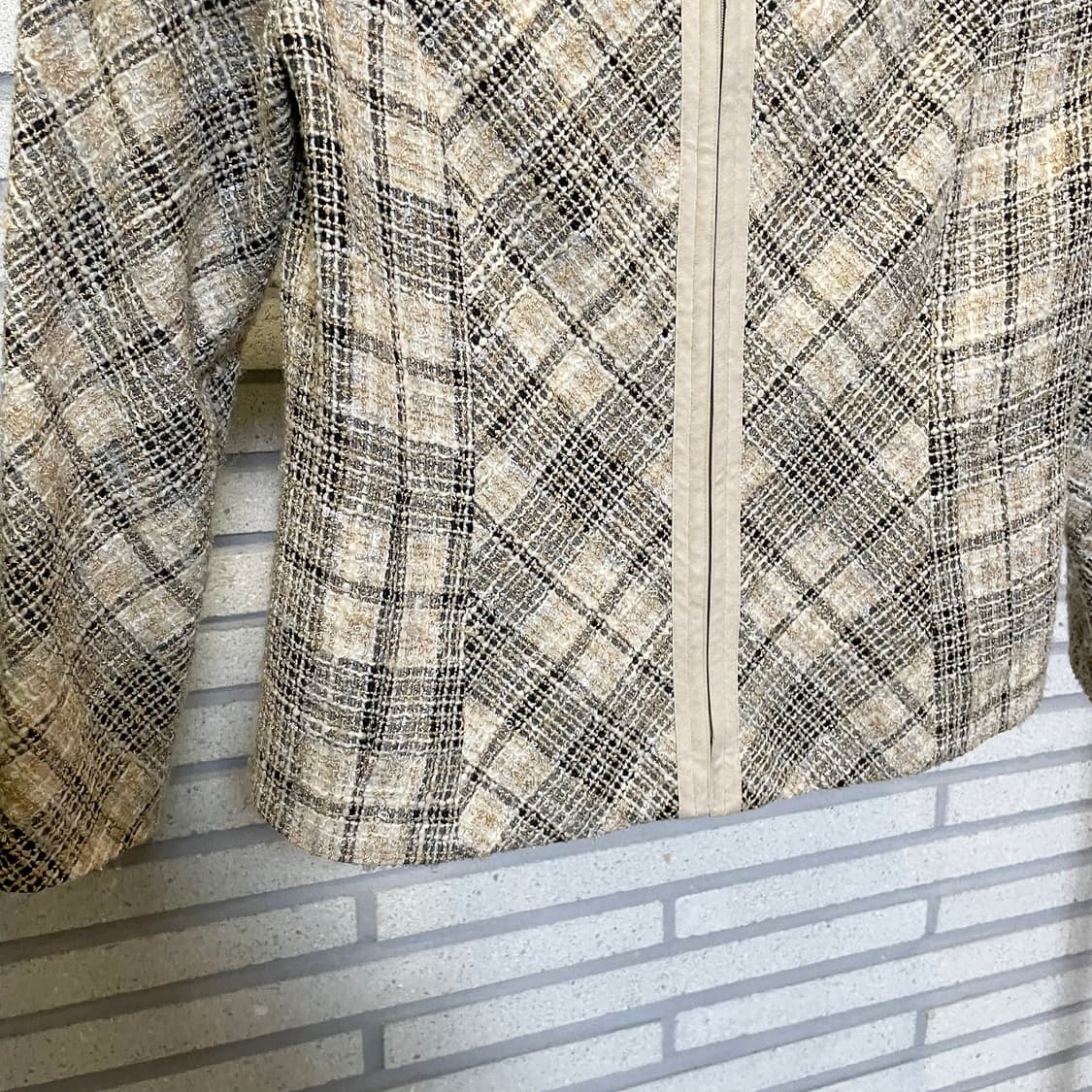 JPN VINTAGE 트위드 집업 자켓 하이넥 체크 패턴 디테일 아이보리 상품이미지5