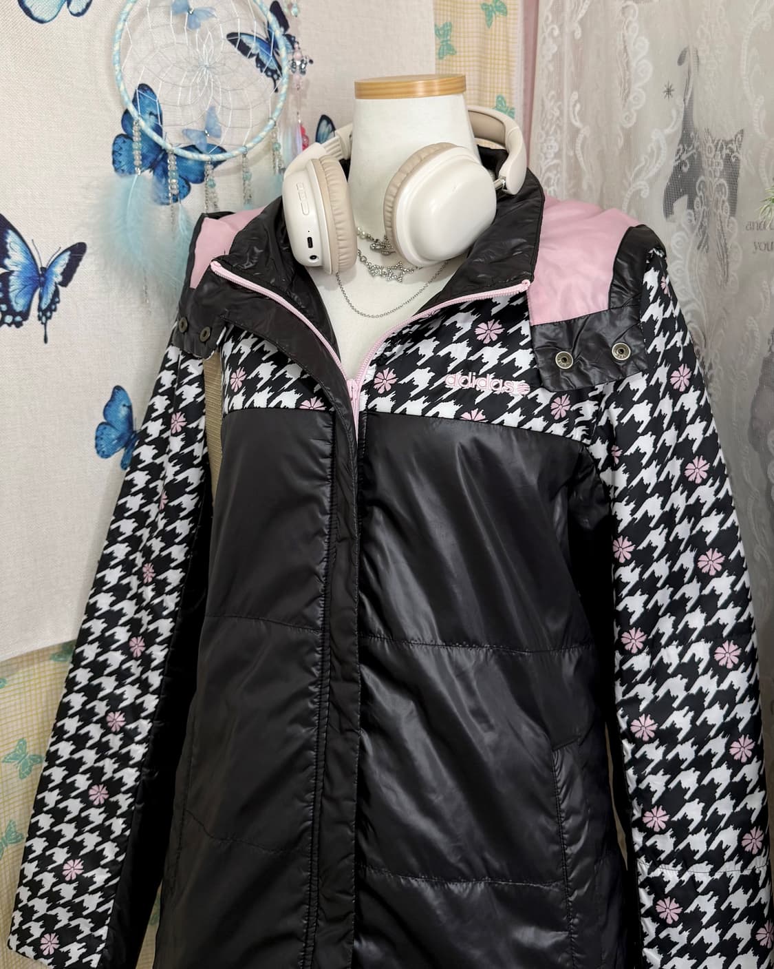아디다스 블랙 & 핑크 하운드 체크 패딩 자켓 상품이미지3