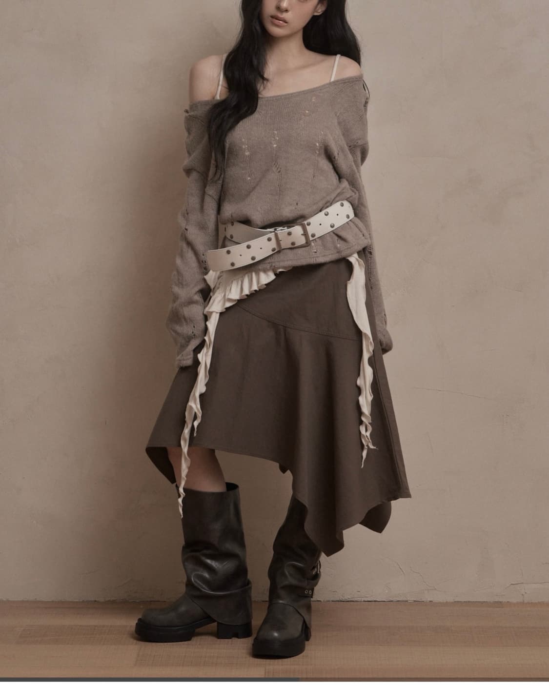 카키포인트 데미지 펀칭 니트 베이지 상품이미지8