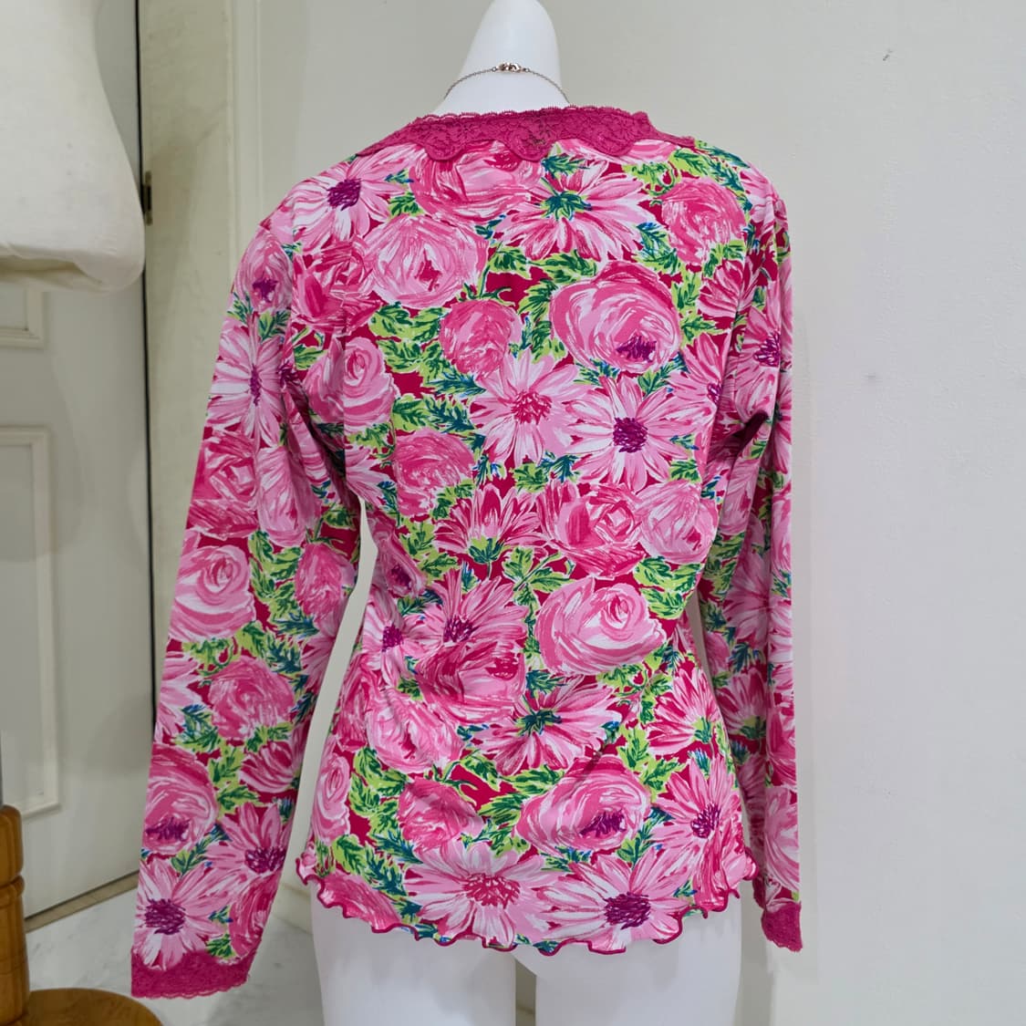 일본빈티지)핑크로즈 플로럴st 꽃무늬 y2k스즈코모리걸로맨틱 메쉬 가디건 상품이미지3