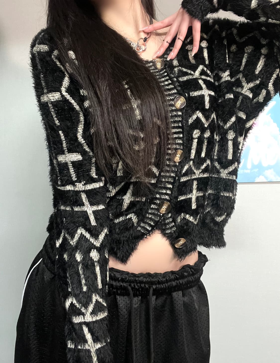 고딕 락 펑크 십자가 퍼 블랙 가디건 상품이미지3