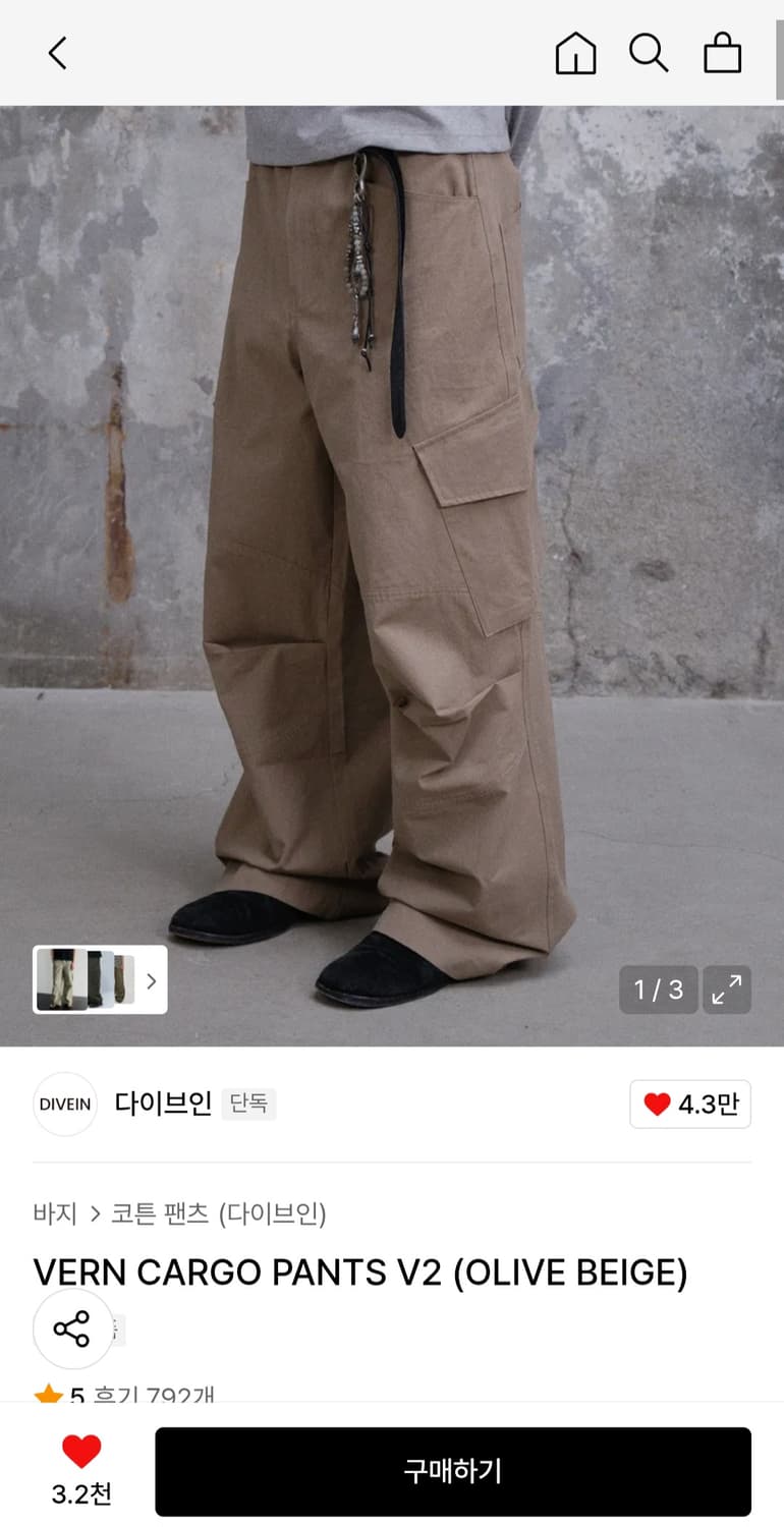 다이브인 베른 카고 팬츠 1사이즈 (올리브베이지) 새상품 상품이미지1