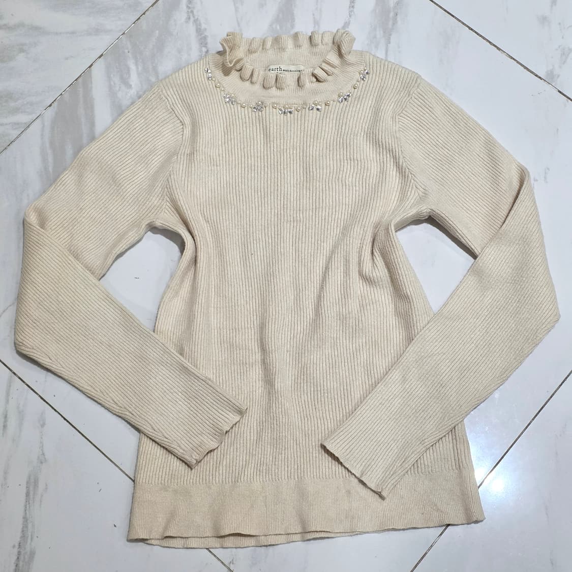 일본빈티지 earth)스나계st 라떼갸루 모리걸 로맨틱 진주 프릴 골지티 상품이미지1