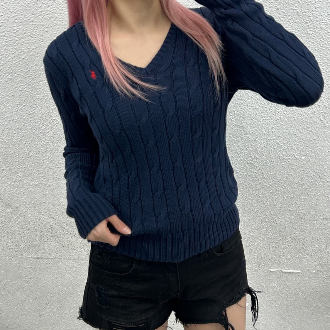 폴로 랄프로렌 레드포니 네이비 꽈배기 브이 니트 M 상품이미지1