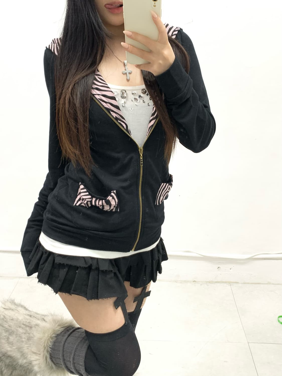 [AIMERFEEL] 에메필 갸루 핑크 지브라 리본 후드집업 상품이미지4