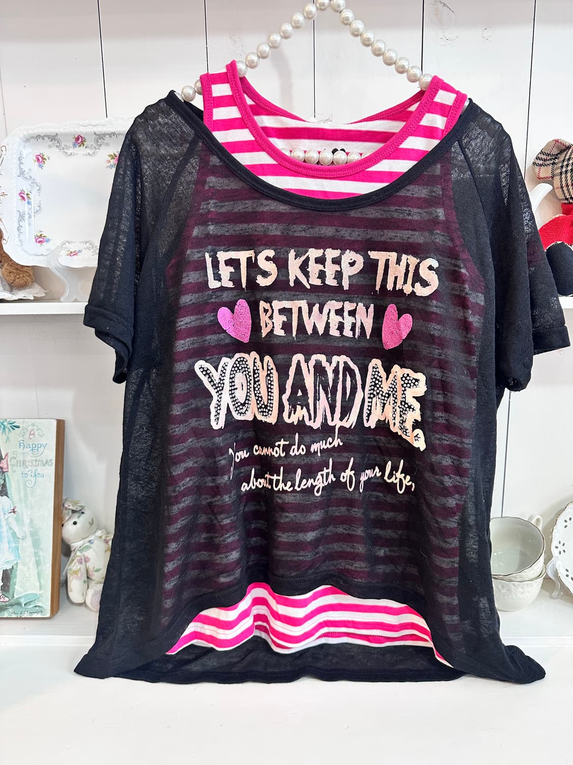 시스루 블랙 티셔츠 + 핑크 스트라이프 나시 세트 상품이미지1