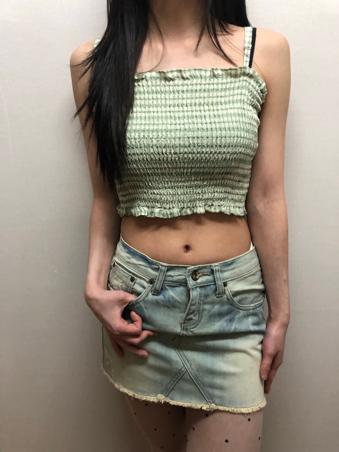 빈티지 그린 체크 슬리브리스 상품이미지2