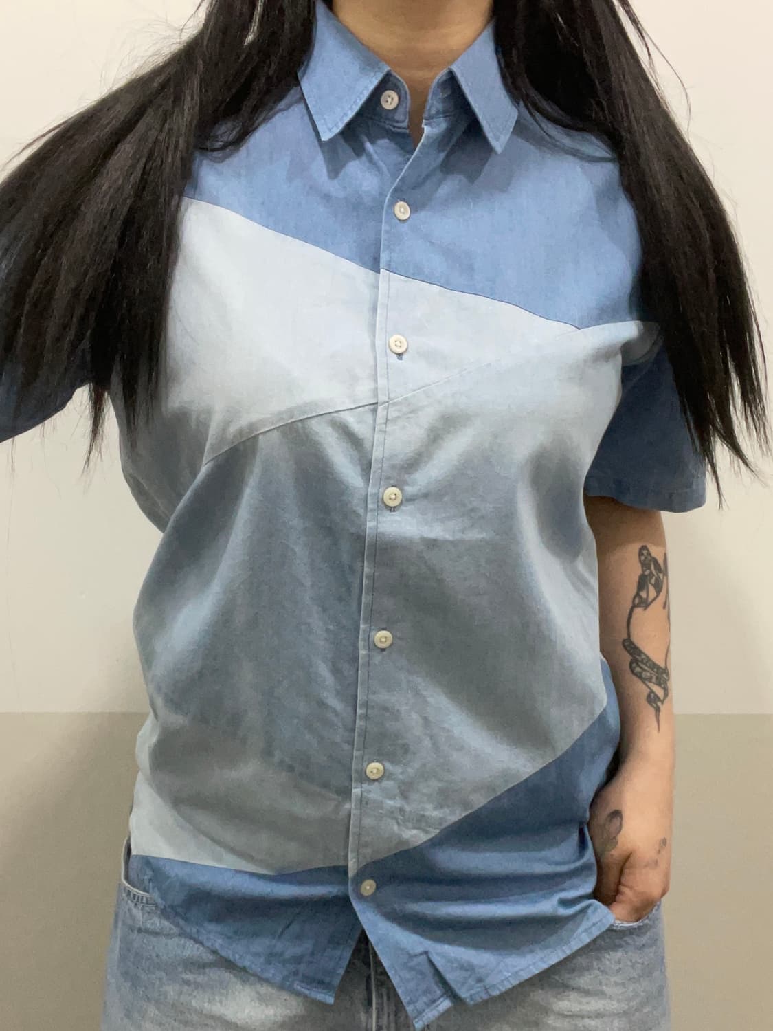 Ships 쉽스 패치워크 샴브레이 데님 반팔셔츠 상품이미지1