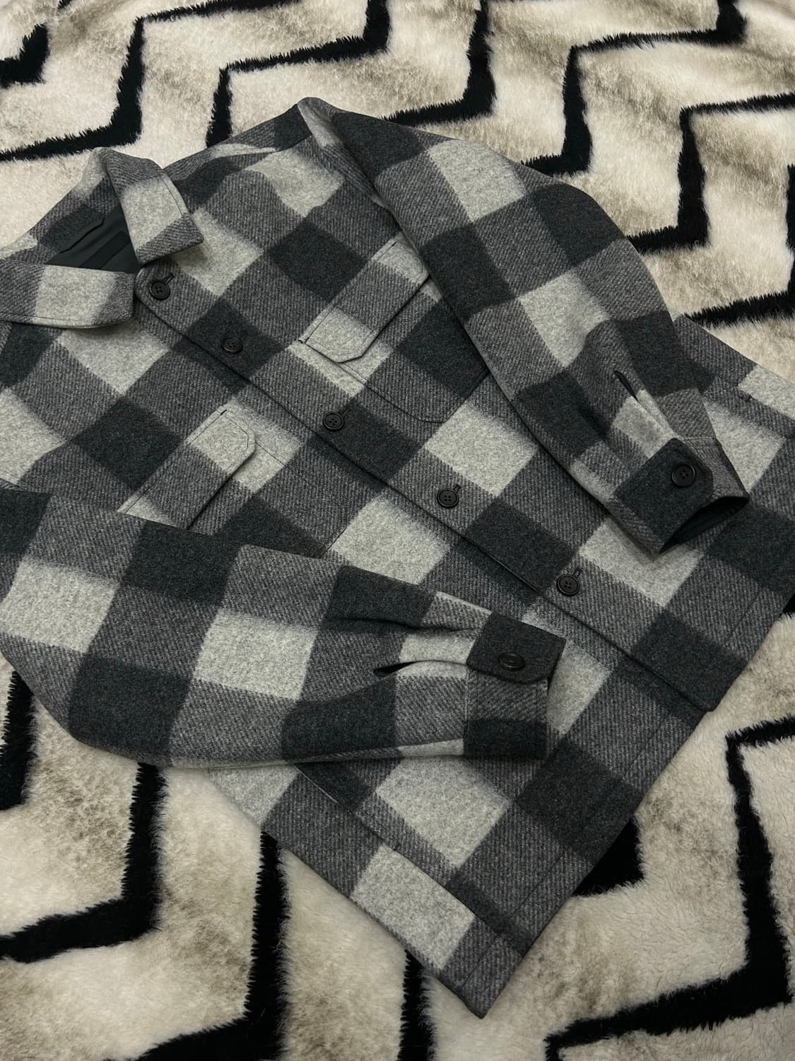 [L]유니클로 오버핏 울 체크 셔츠자켓/그레이 상품이미지1