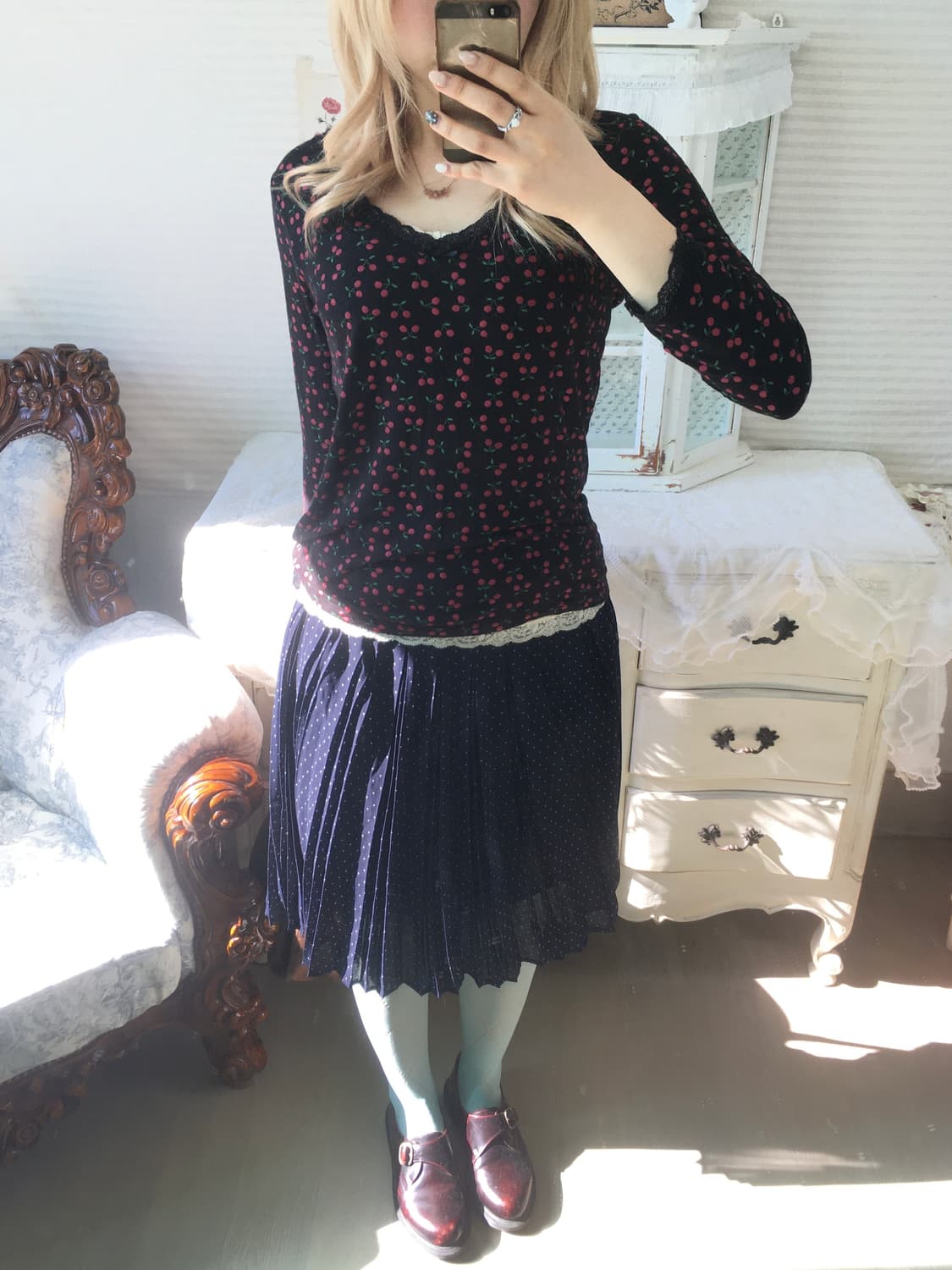 빈티지 하구미 체리 레이스 리본 롱슬리브 상품이미지4