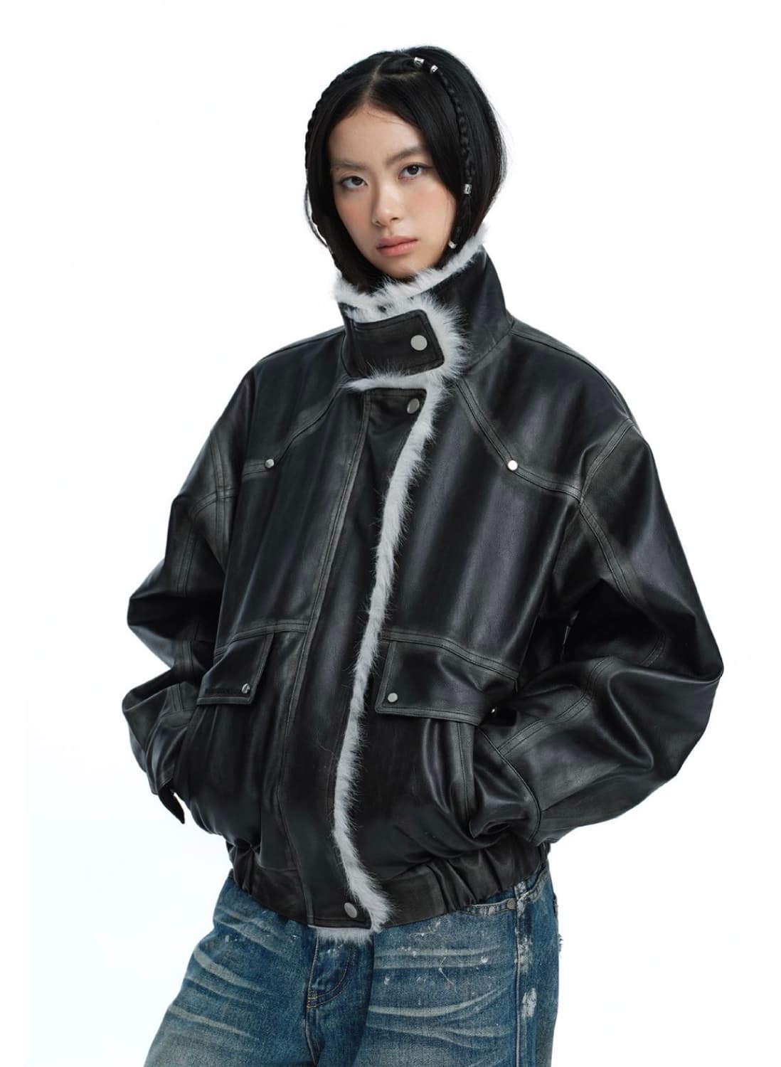 러프넥 워싱레더 무스탕 자켓 그레이 S 상품이미지1