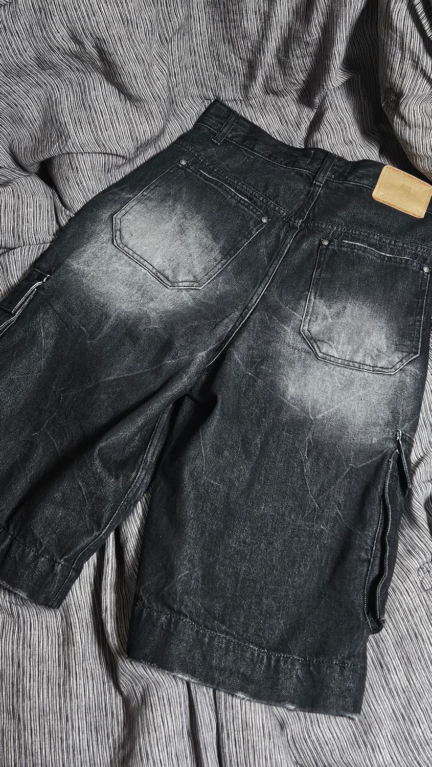 엘무드 카고 와이드 하프 데님 팬츠 크랙블랙46사이즈 상품이미지4