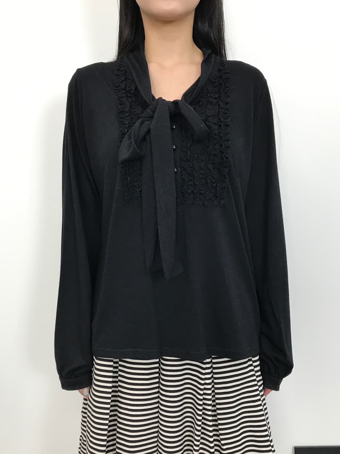 Jpn Black Long Sleeve Ribbon Top 상품이미지2