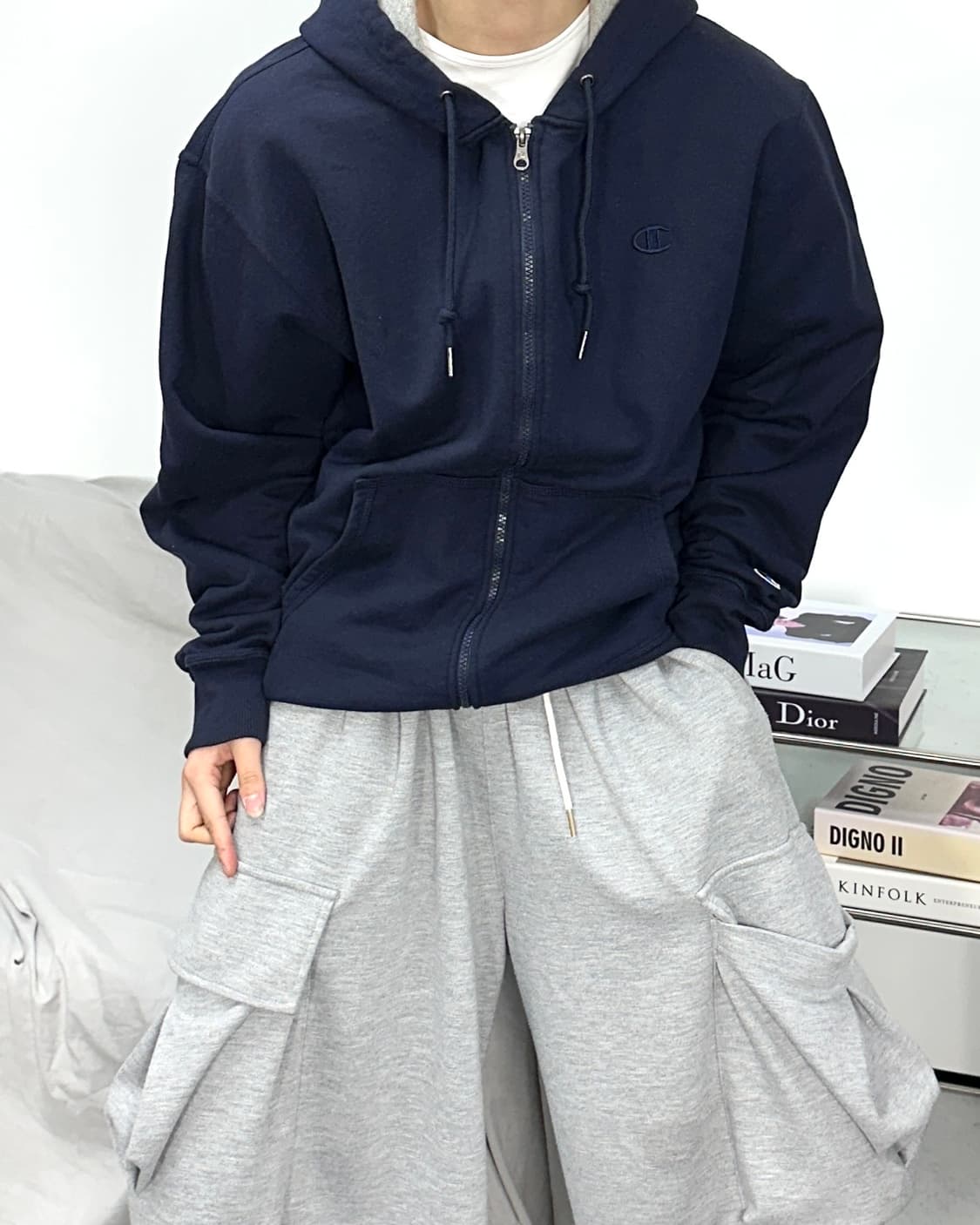 챔피온 네이비 스몰로고 어센틱 후드집업 L 상품이미지2