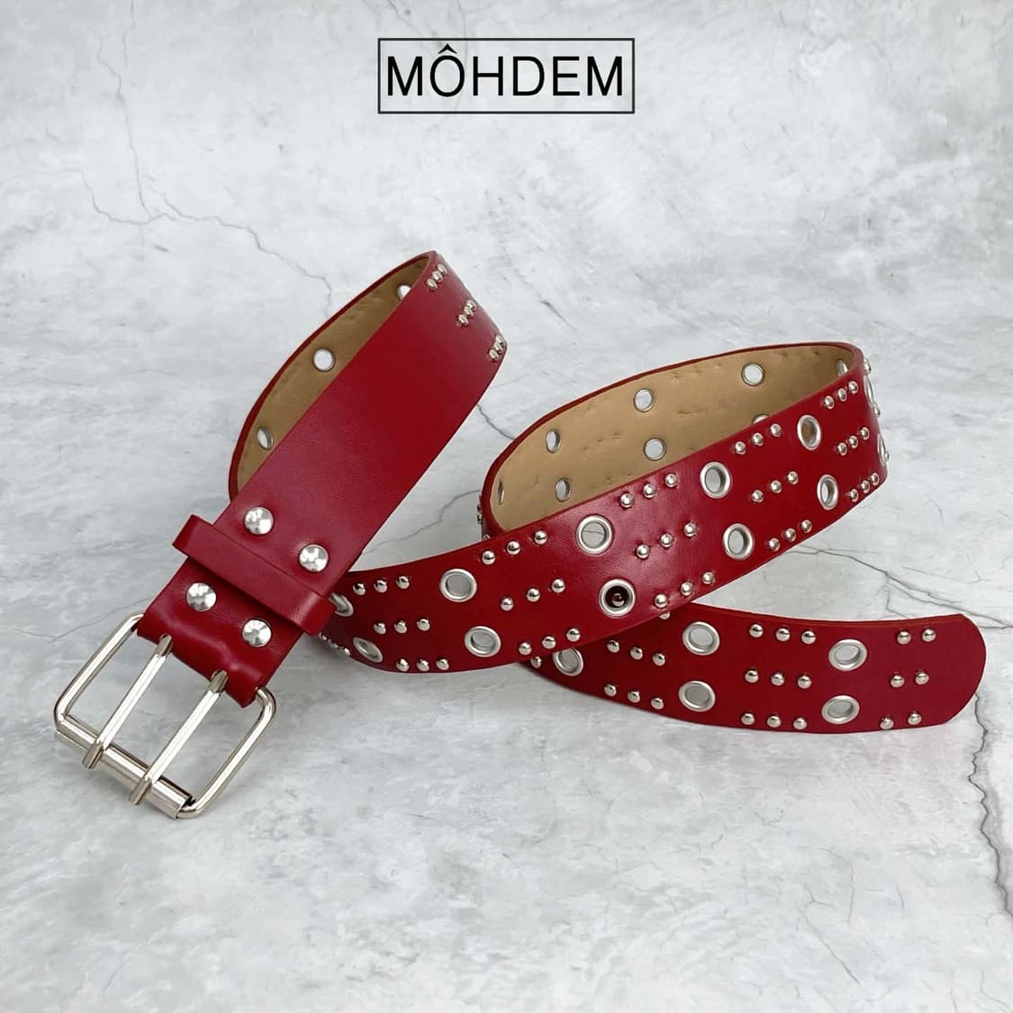 [Unisex] y2k 스터드 아일렛 가죽 벨트 레드 상품이미지6