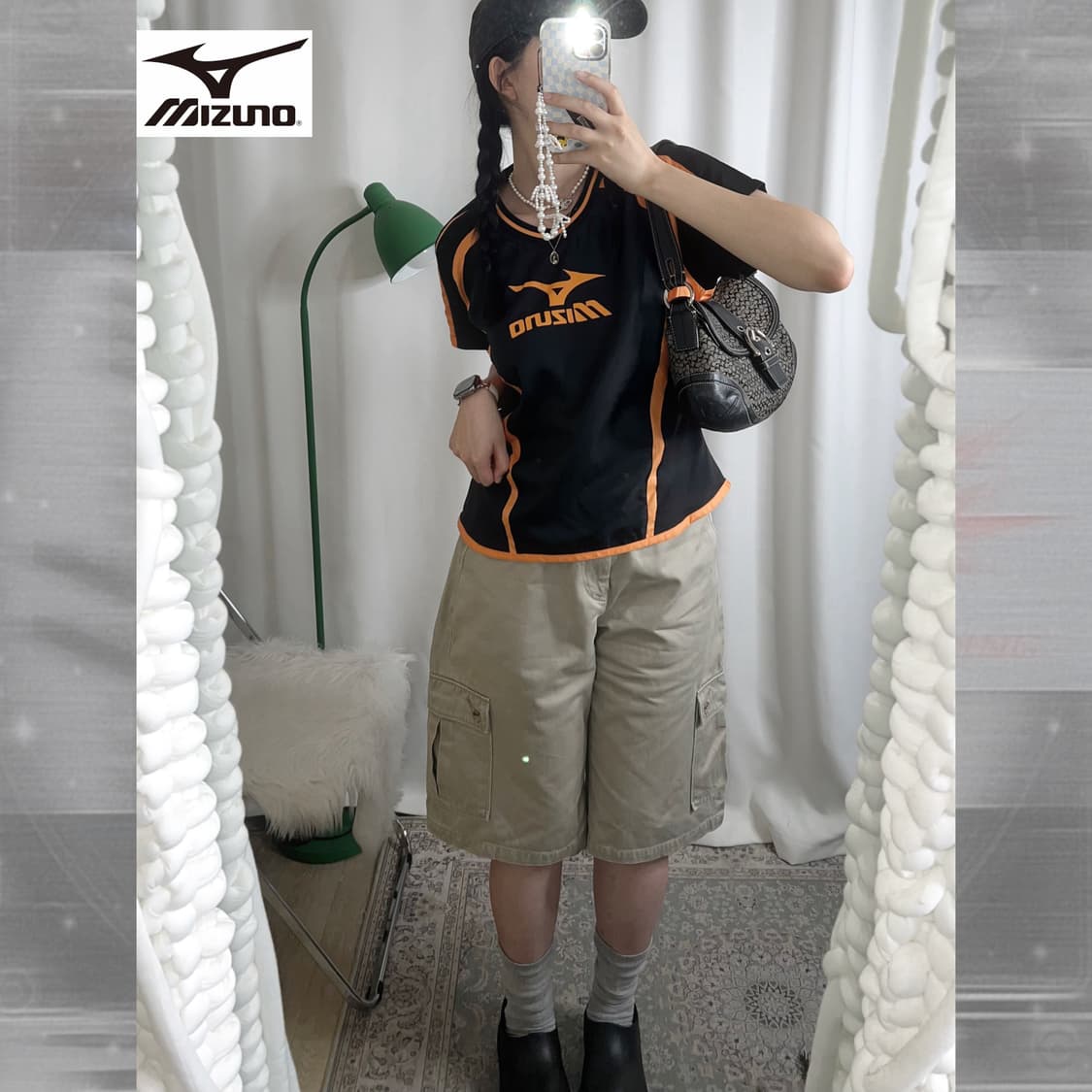 미즈노 블랙 & 오렌지 반팔 웜업 상품이미지2
