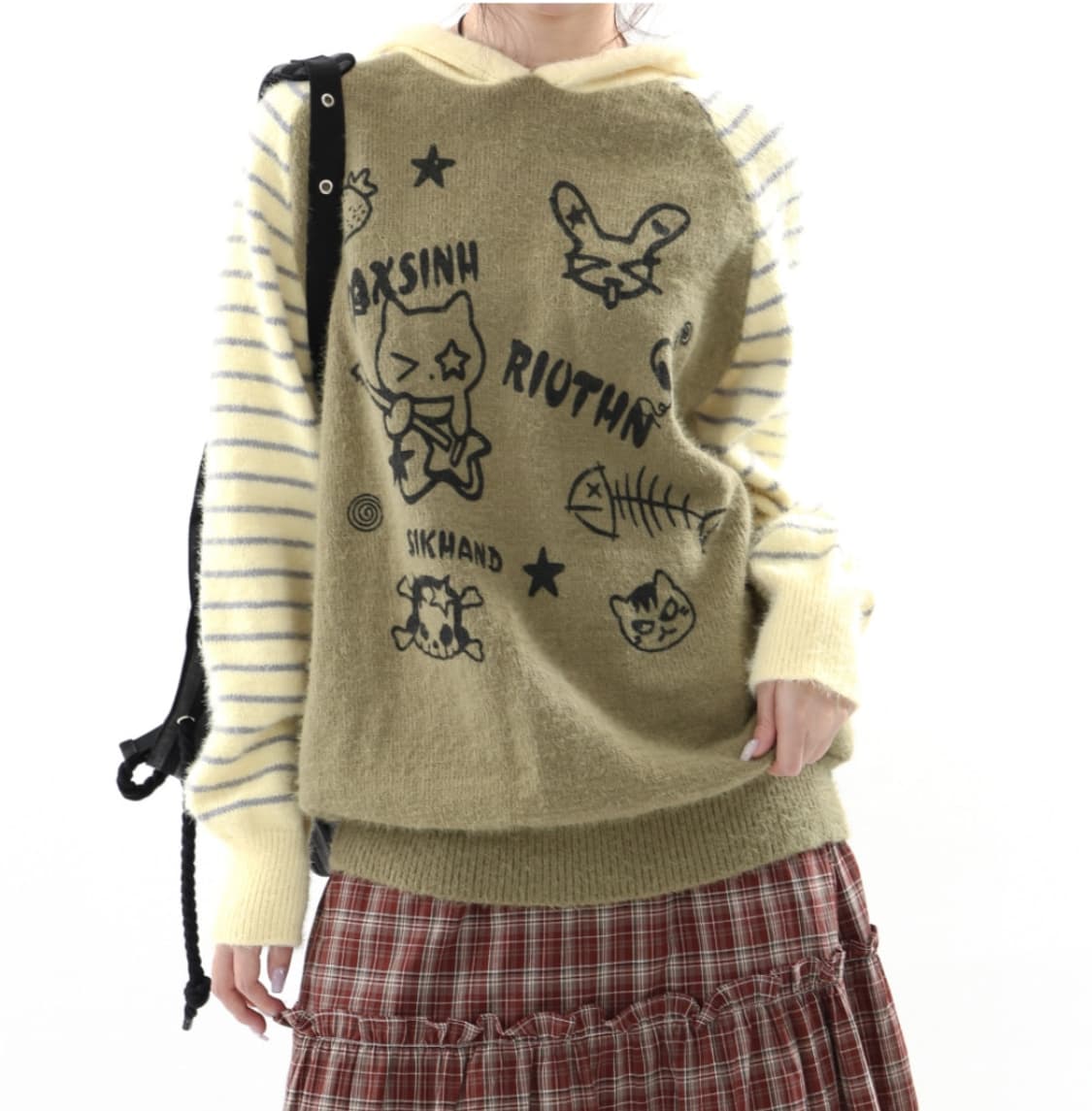 y2k 키치 나그랑 배색 스프라이트 오버핏 니트 후드티 상품이미지2