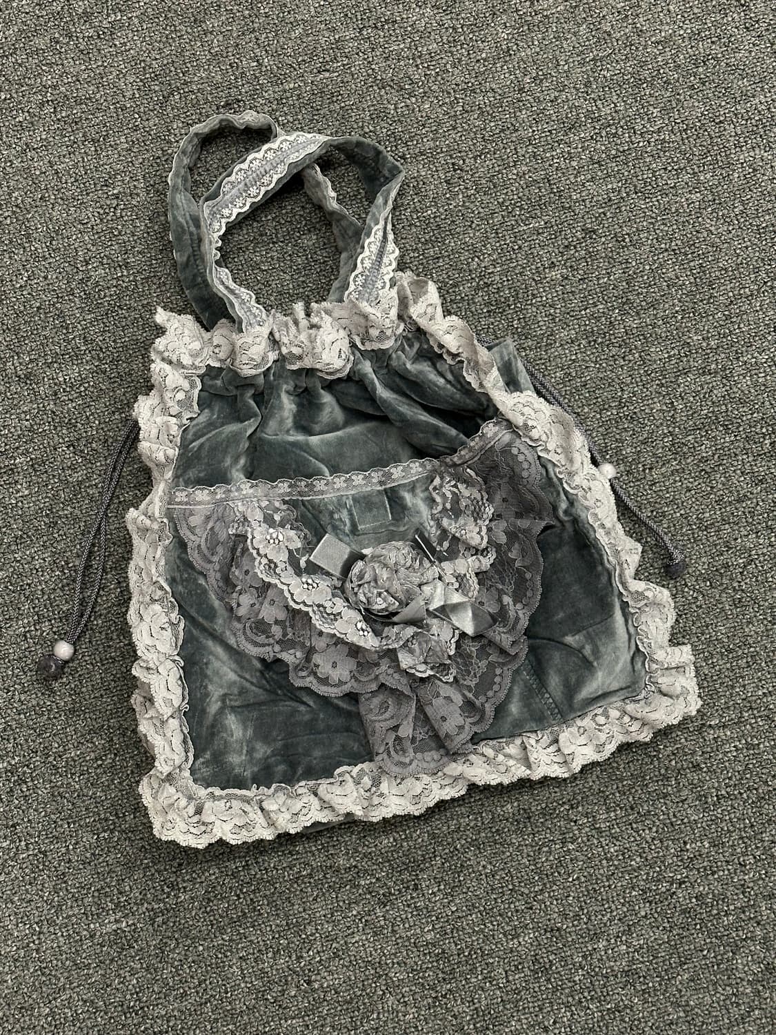 재패니즈 빈티지 모리 레이스 스트링 벨벳 토트백 상품이미지2