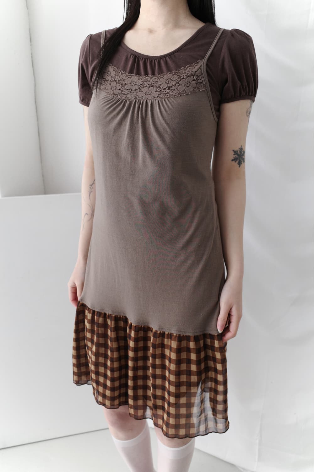 shirring half T + check sleeveless (set) 상품이미지6