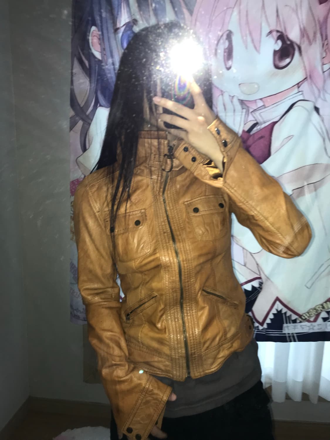 카멜 y2k 하이넥 레더자켓 상품이미지3