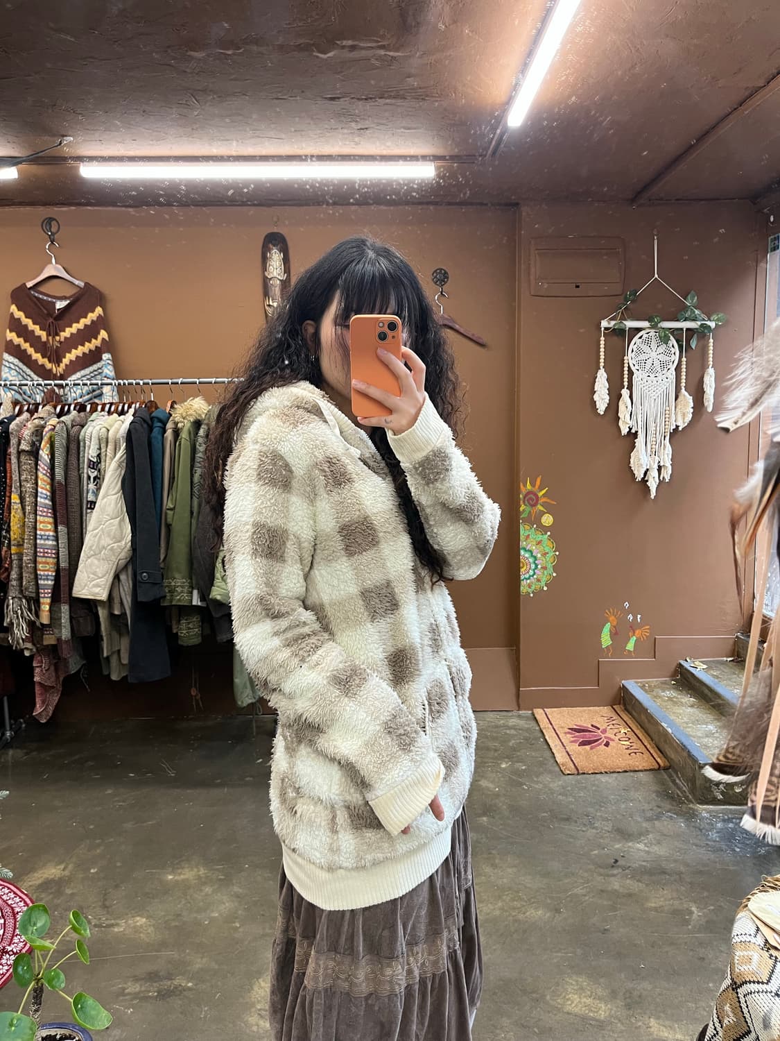 일본무드 체크 패턴 아이보리 플리스 후드집업 상품이미지7