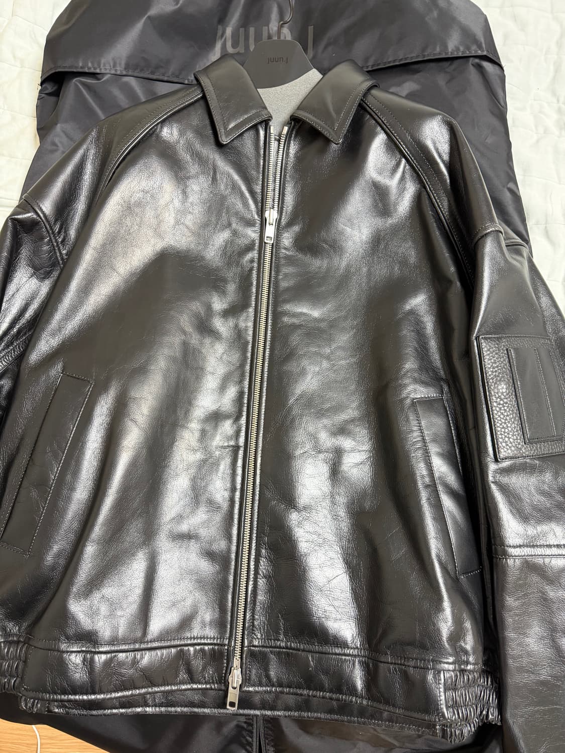 준지 워싱 레더 스탠칼라 항공 점퍼 블랙 상품이미지4