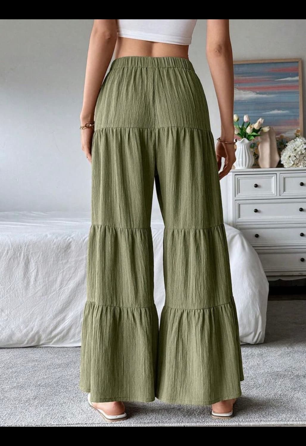 boho 보헤미안 카키 밴딩 롱 와이드 팬츠 프리 상품이미지4