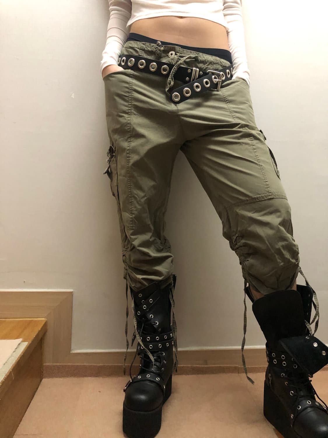 빈티지 카키 카고 셔링 카프리 팬츠 상품이미지5