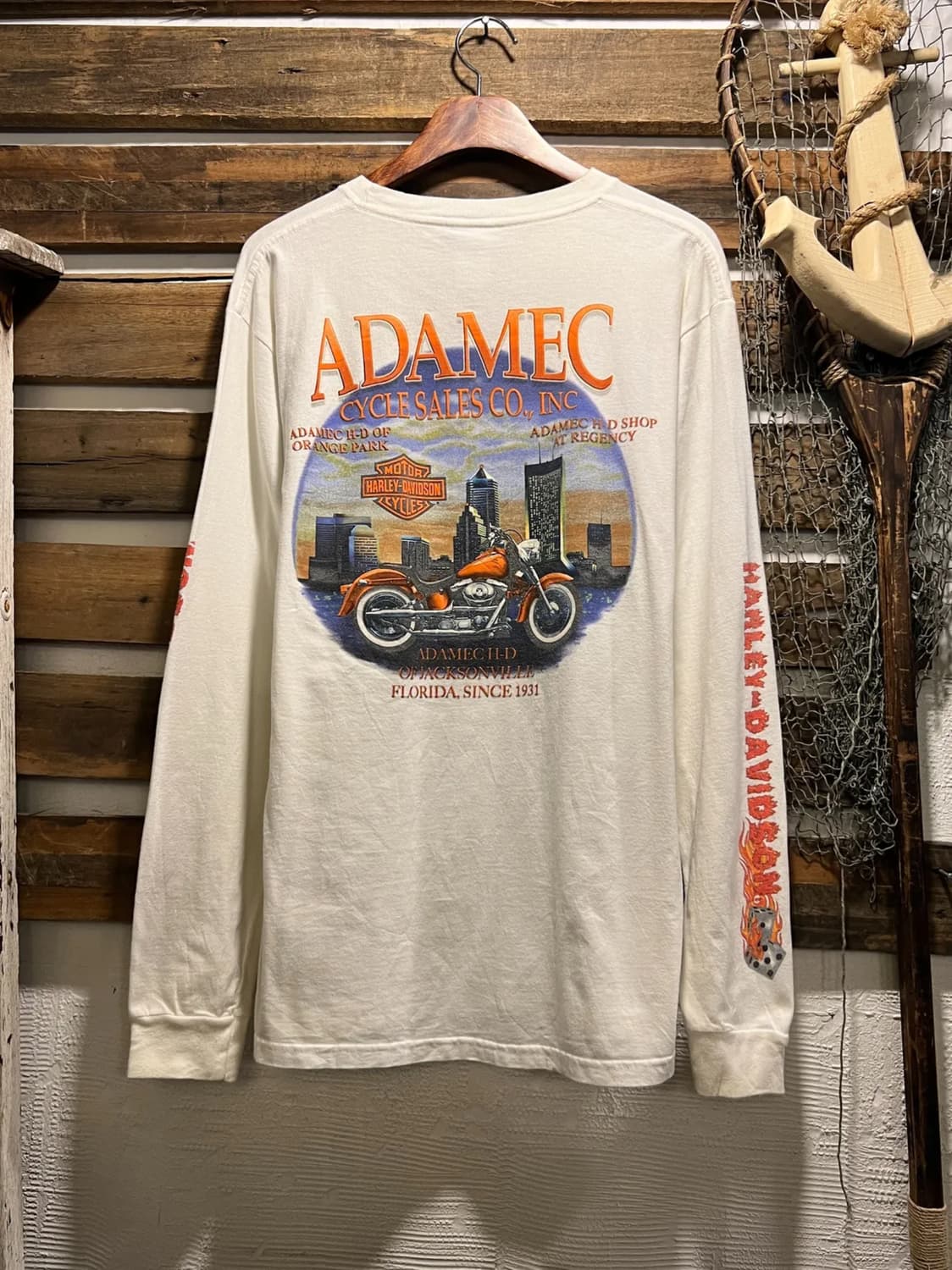 [M]할리 데이비슨 ADAMEC 모터사이클 프린팅 화이트 롱슬리브 티셔츠 상품이미지1
