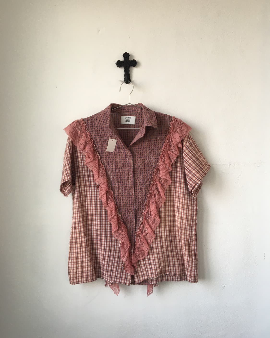 Lace trimming checks pattern shirt 상품이미지2