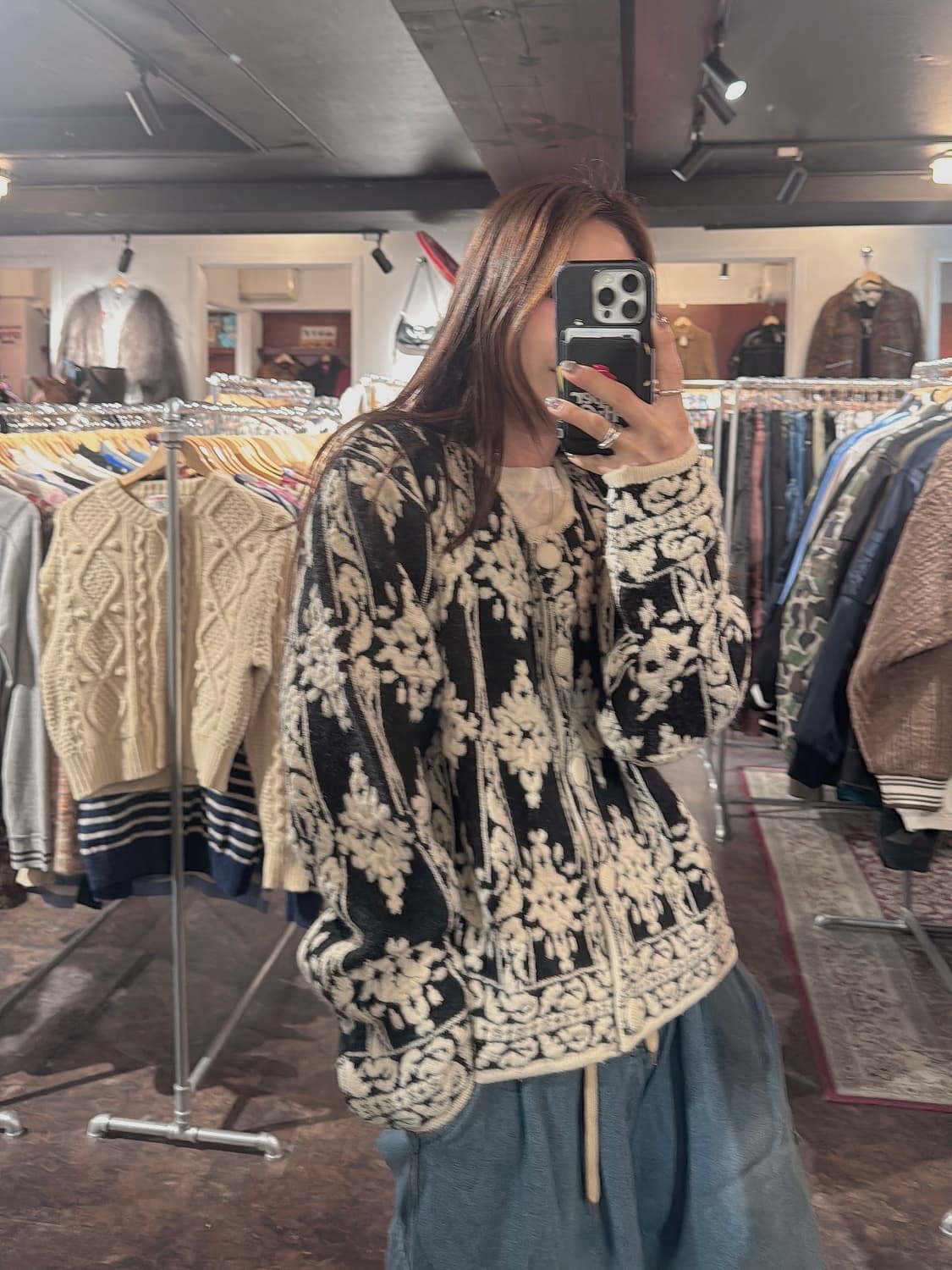 JPN 일본빈티지 RANA 블랙 플라워 자가드 패턴 울 가디건 니트 M 상품이미지7