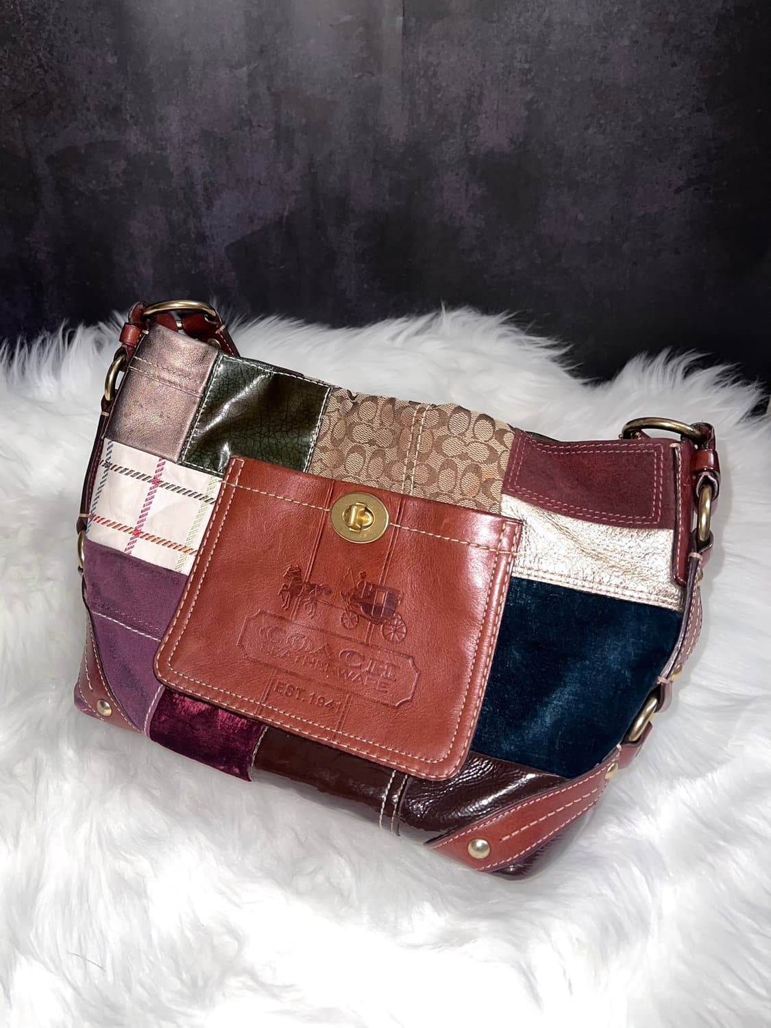 90s coach 패치워크 아카이브 레더 스웨이드 숄더백 토트백 상품이미지1