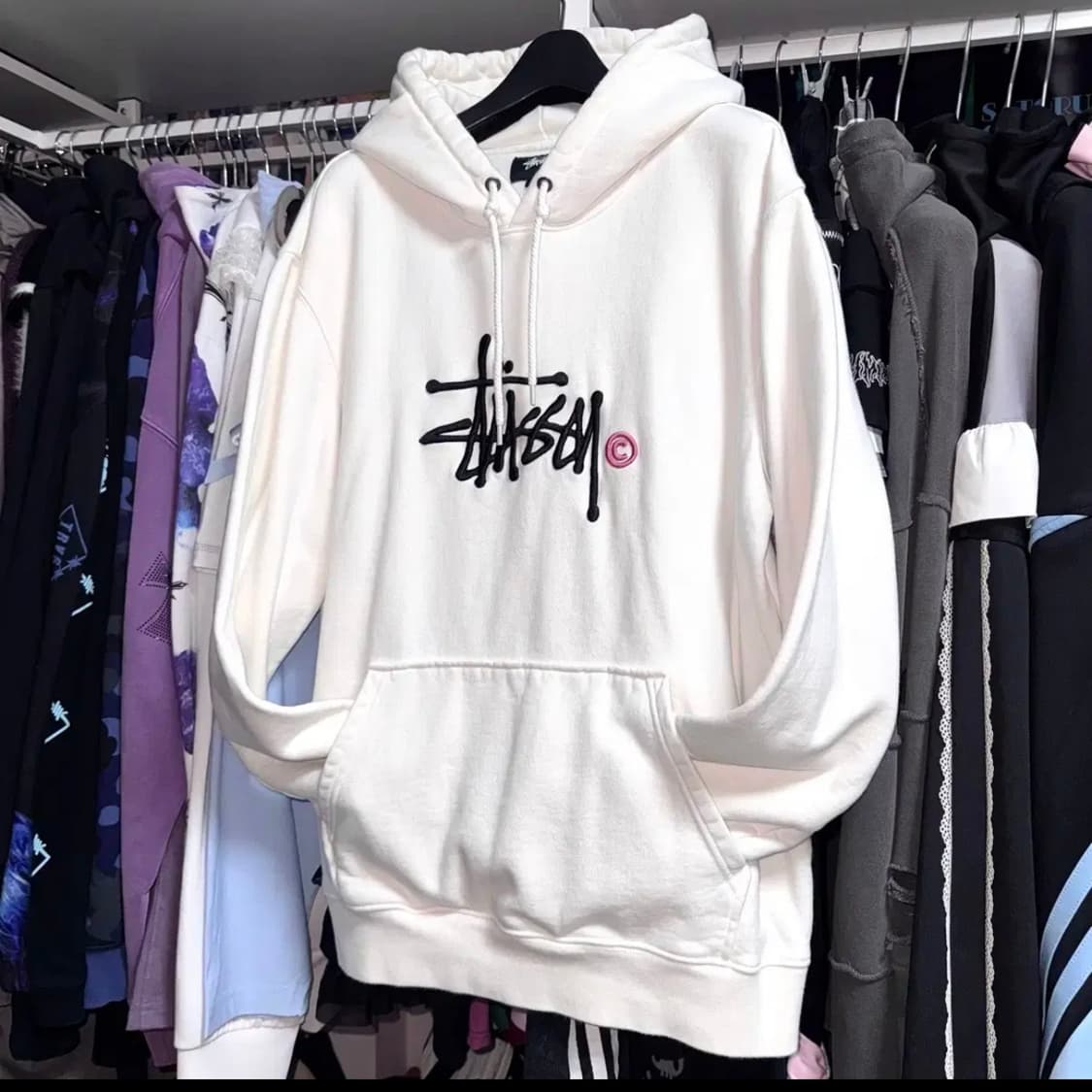 STUSSY 스투시 90s 연핑크 빅로고 후드 티셔츠 상품이미지2
