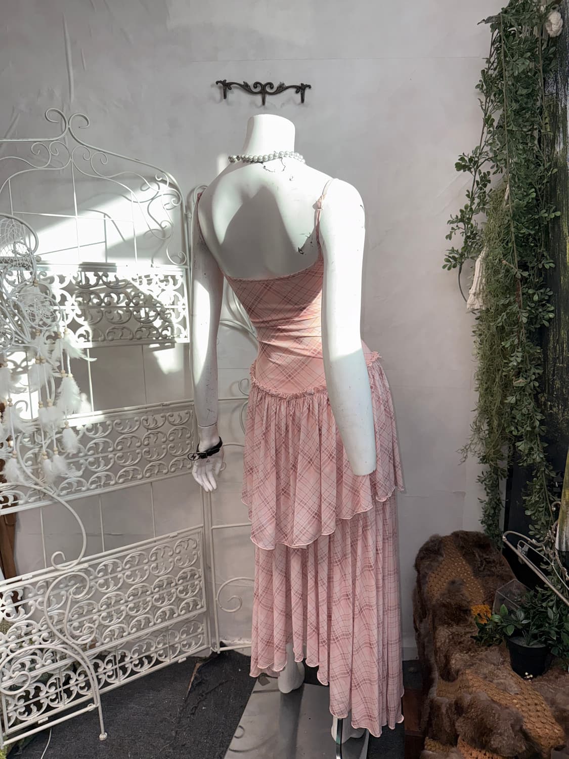 Baby pink check chiffon layered ops 상품이미지6