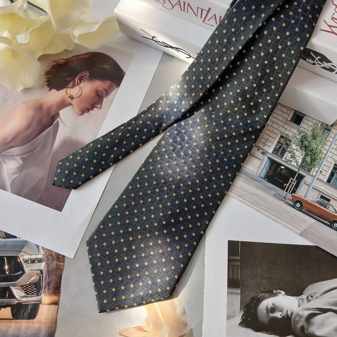 입생로랑 실크 다크그린 골드 패턴 넥타이 9.9cm A+등급 A19087 상품이미지3
