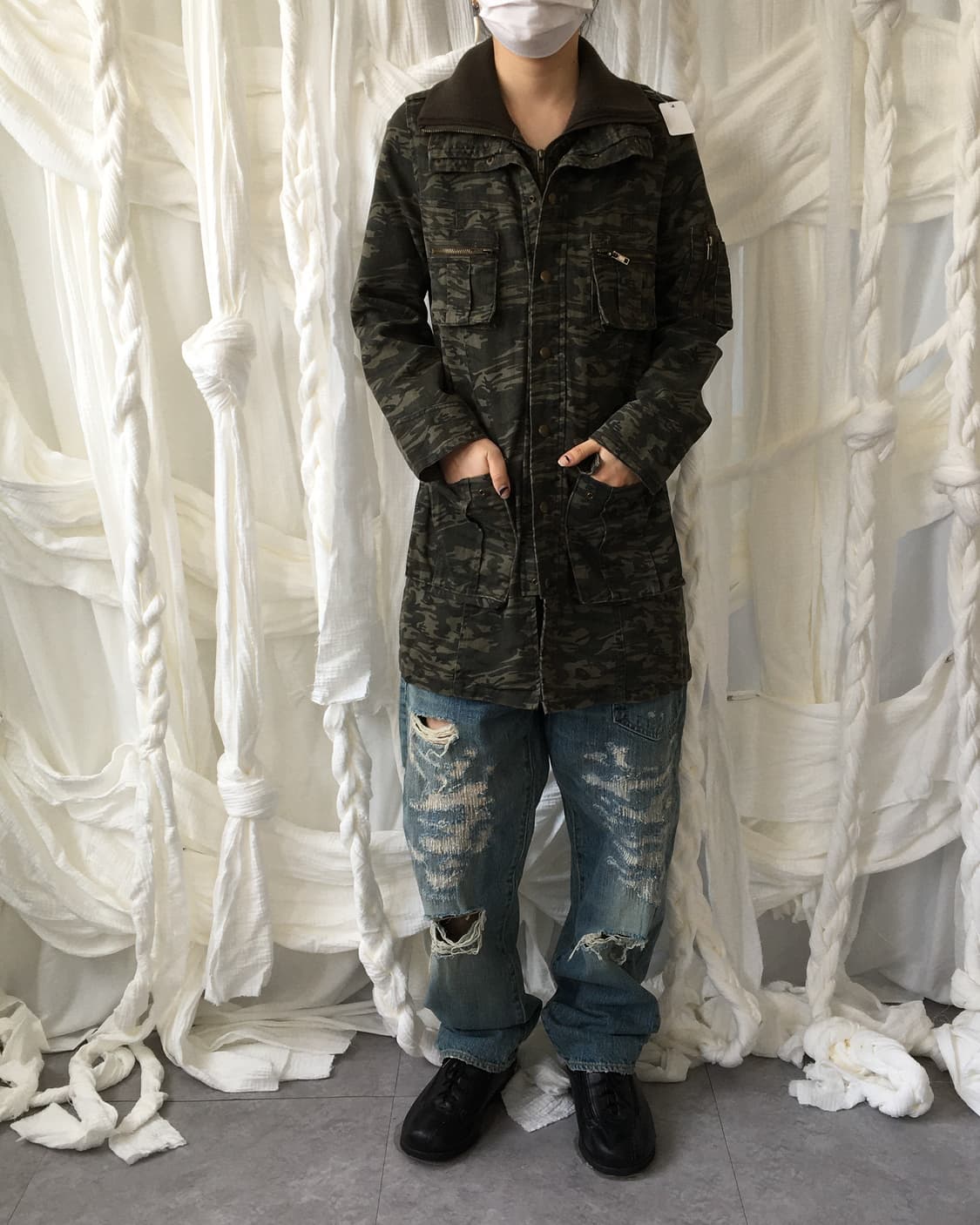 Camo pattern high neck belted jacket 상품이미지7