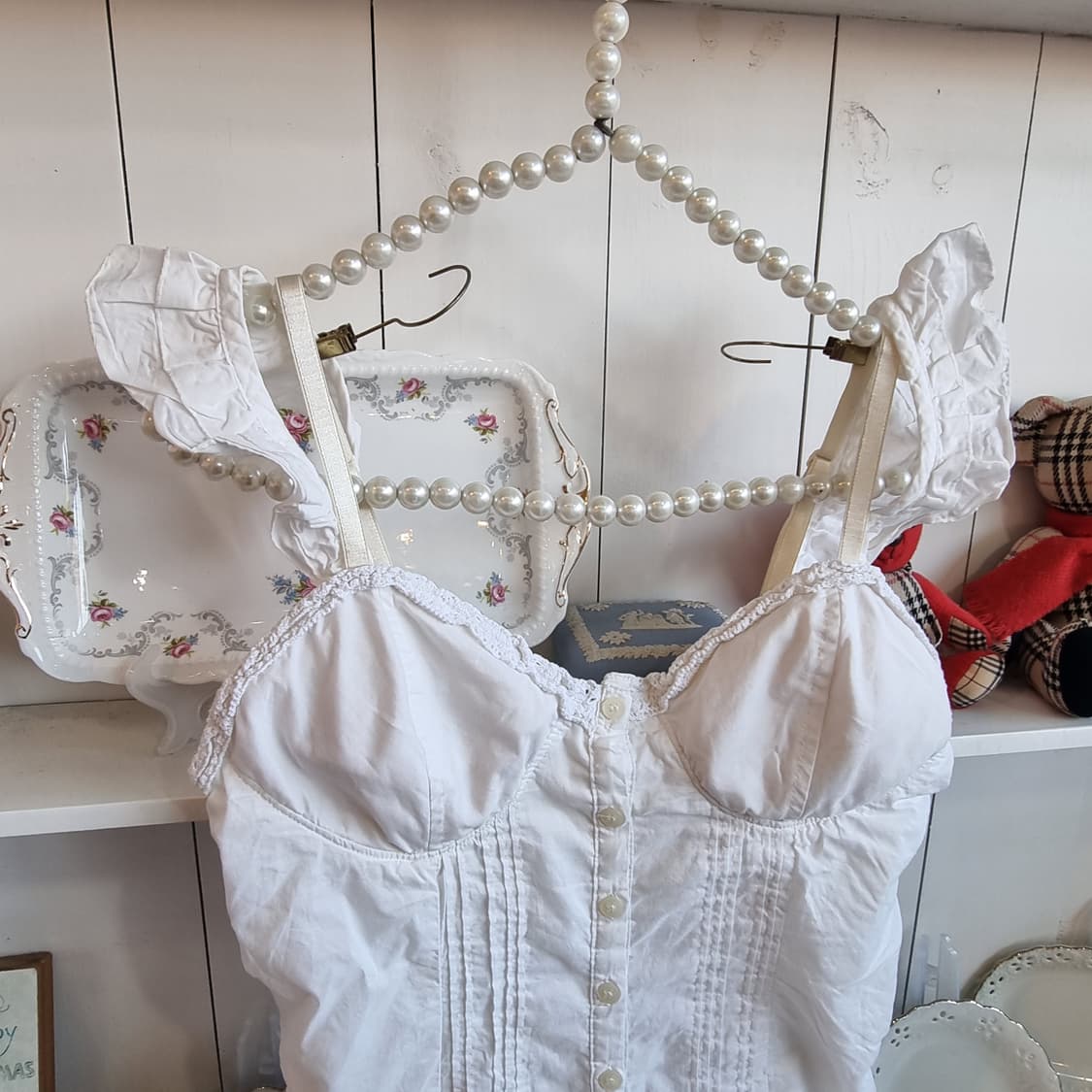 화이트 코튼 레이스 슬리브리스 원피스 상품이미지5