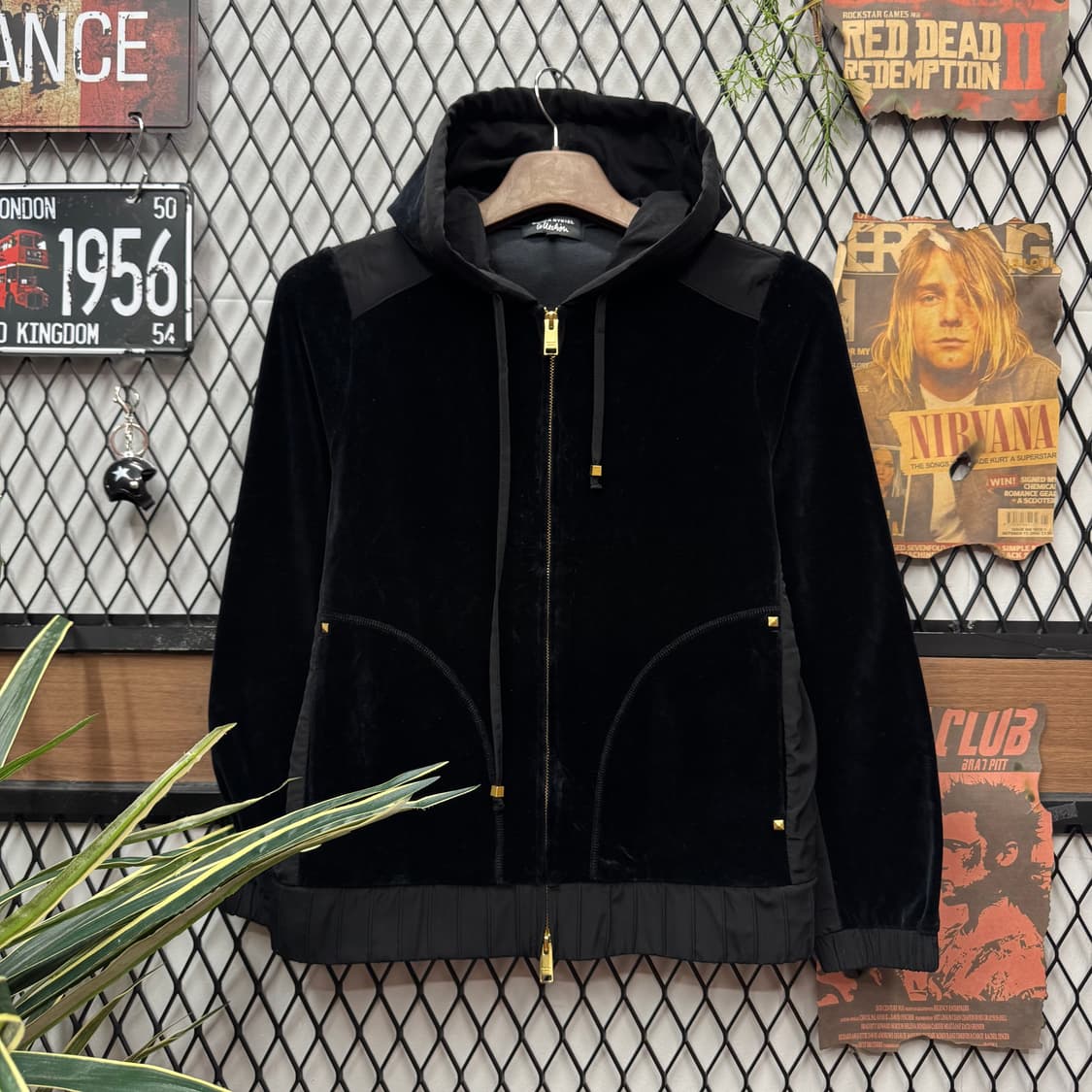 소니아 리키엘 벨루어 후드 집업 자켓 전면 포켓 포인트 블랙 상품이미지1