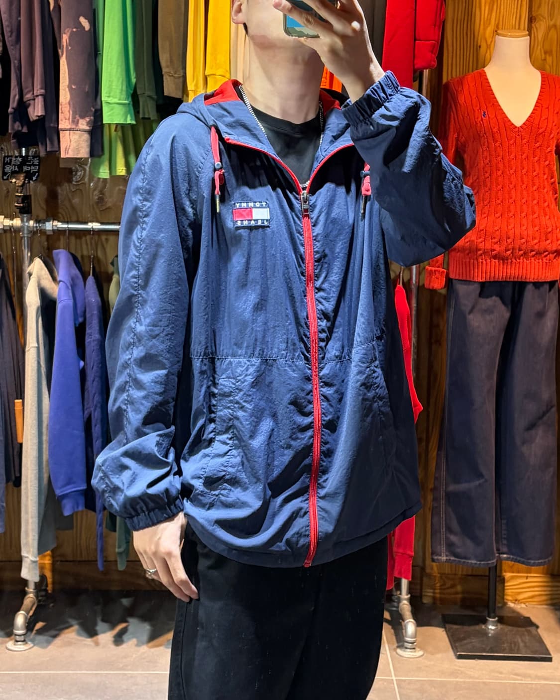 XL 타미힐피거 진스 박스로고 배색 네이비 후드 바람막이 상품이미지1