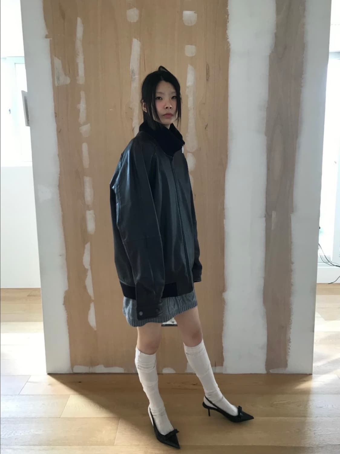 빈티지 하이넥 짚 레더 자켓 상품이미지2