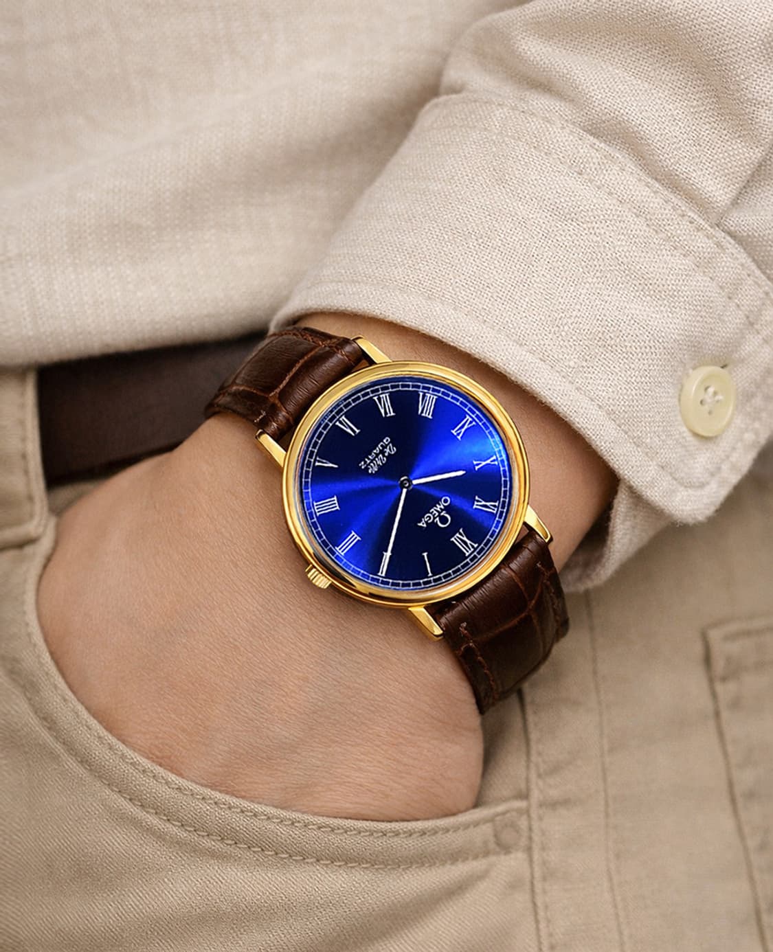 오메가 블루 로만 다이얼 18K 금 도금 남녀공용 쿼츠 시계 상품이미지8