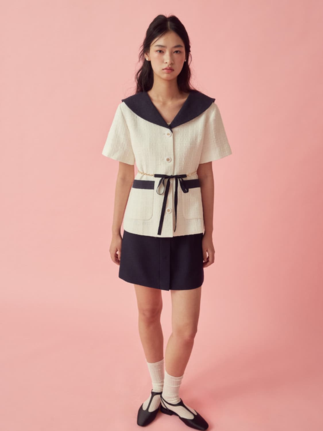 쟈니헤잇재즈 리본 벨티드 트위드 자켓 - 화이트 상품이미지6