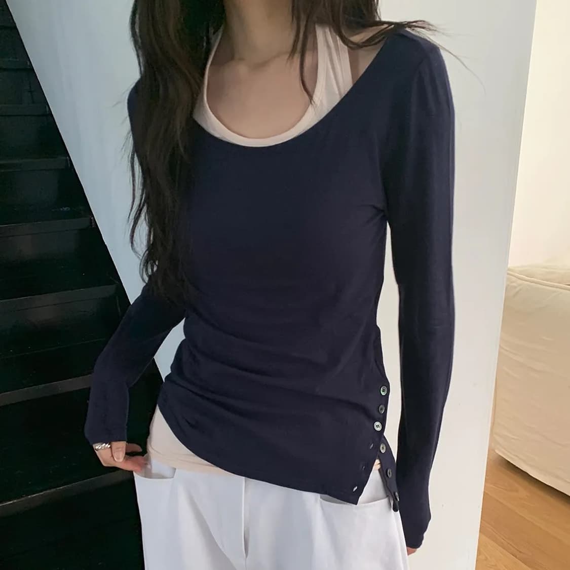 레터프롬문 리브 홀터넥 레이어드 티셔츠 상품이미지2