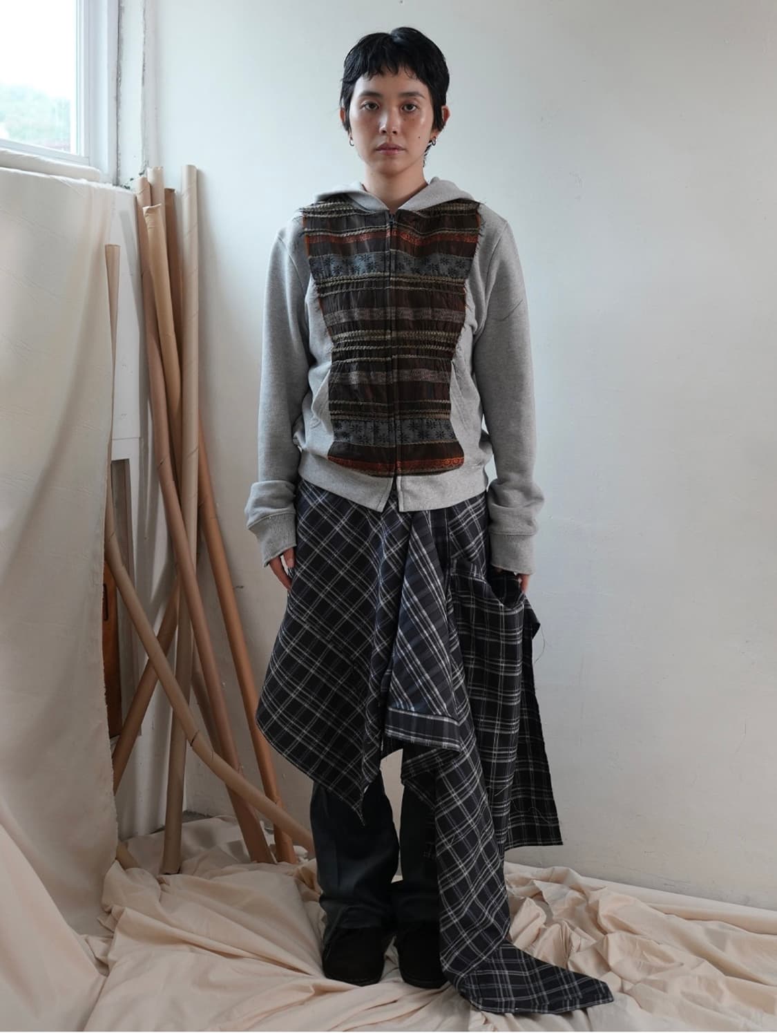 FABRIC BLOCK HOODED ZIP-UP (HEATHER GREY 상품이미지2