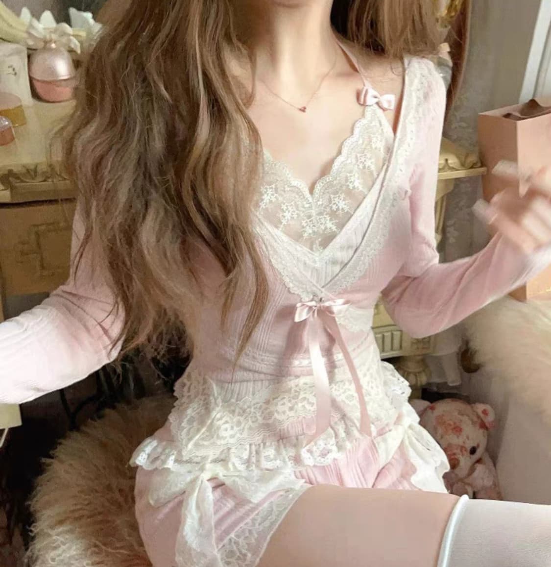 오네갸루 양산형 핑크 나시 랩가디건 세트 상품이미지3