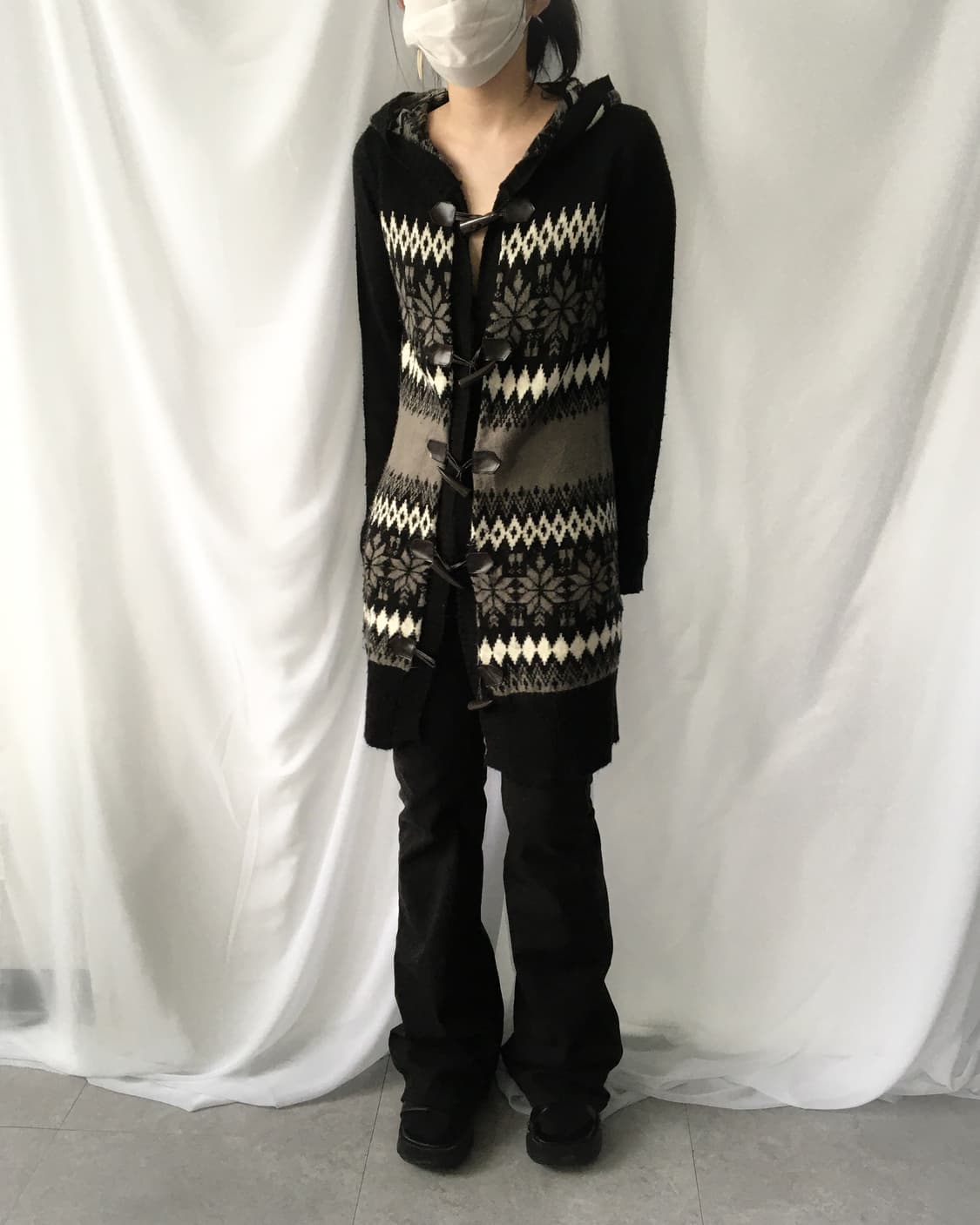 Snow pattern duffle button hood knit car 상품이미지5