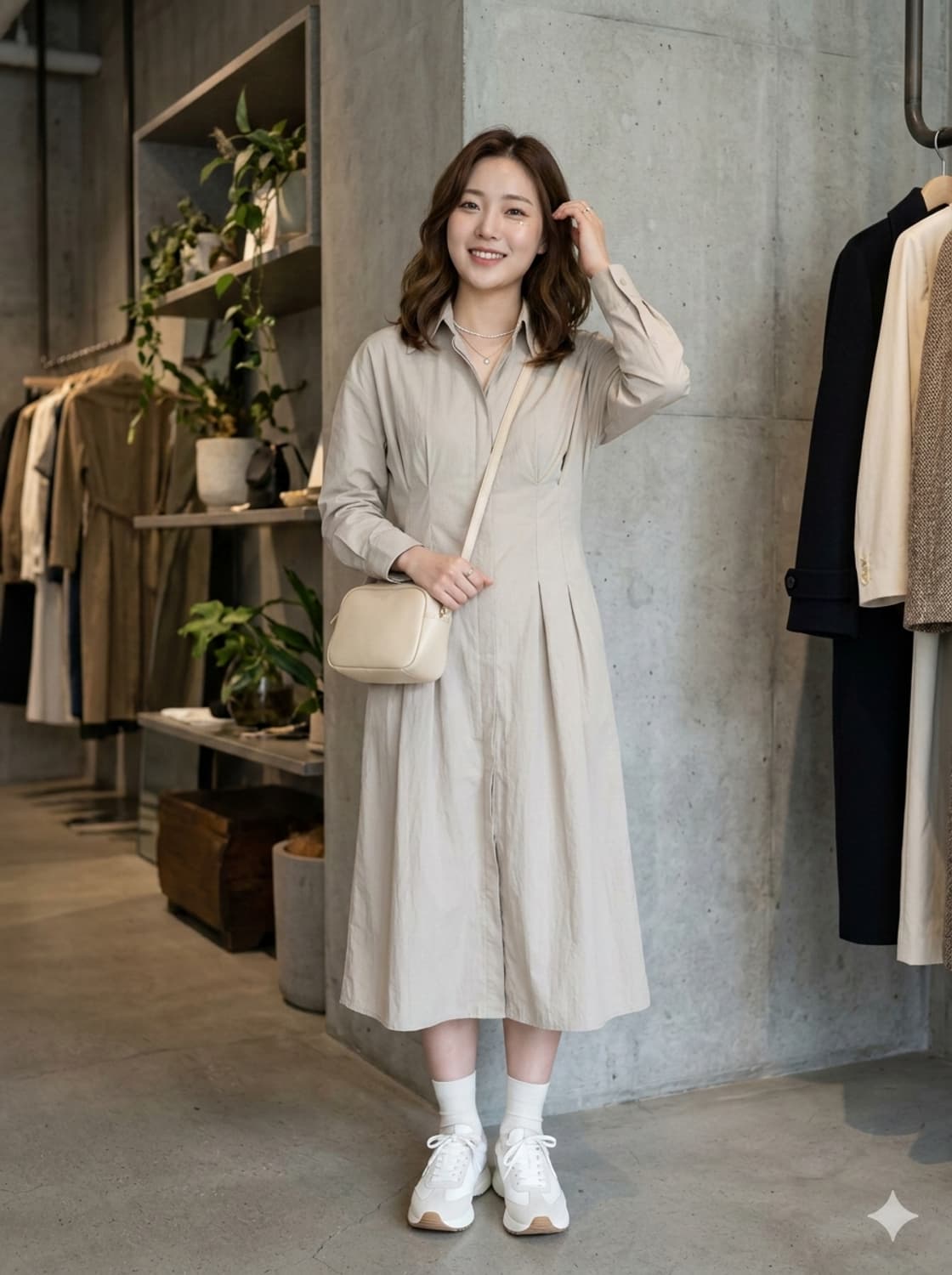 NAIN 나인 핀턱 셔츠 롱 원피스 베이지 상품이미지1