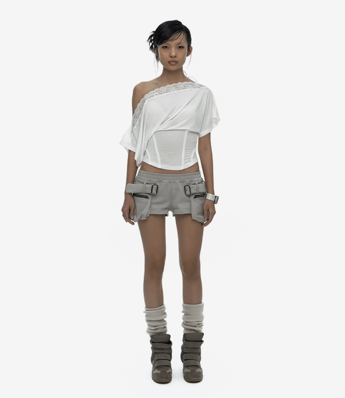 카시코 Lace One Shoulder Corset Tee white 상품이미지1
